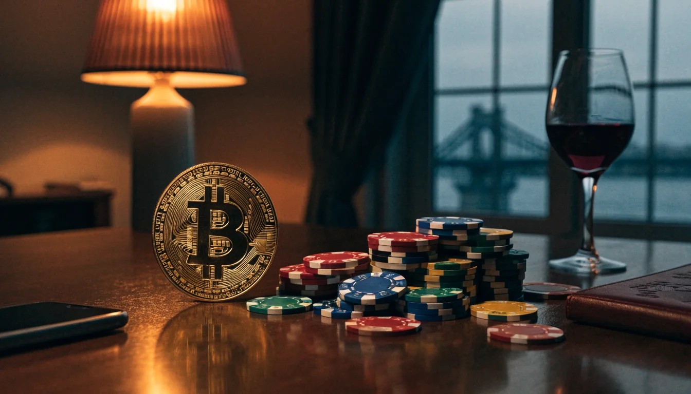 Bitcoin érme és kaszinó zsetonok egy budapesti asztalon alkonyatkor