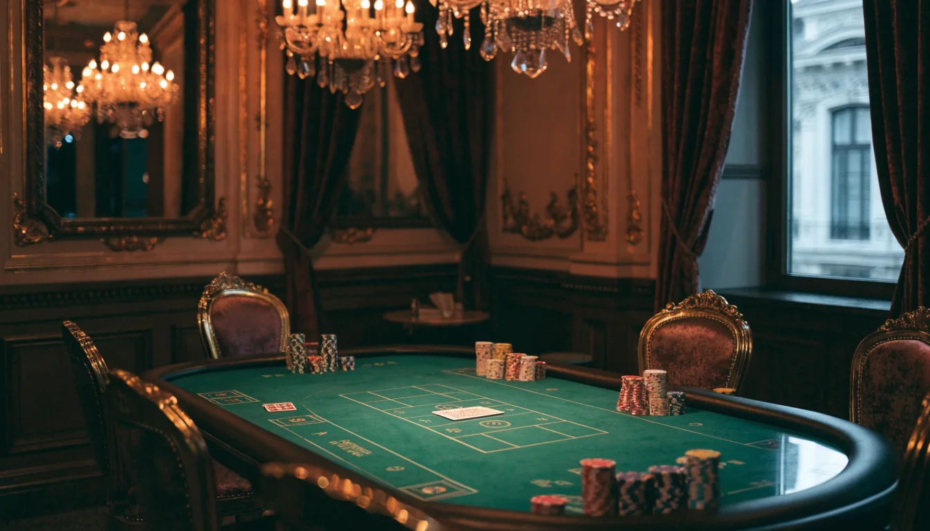Elegáns budapesti kaszinó zöld blackJack asztallal és zsetonokkal