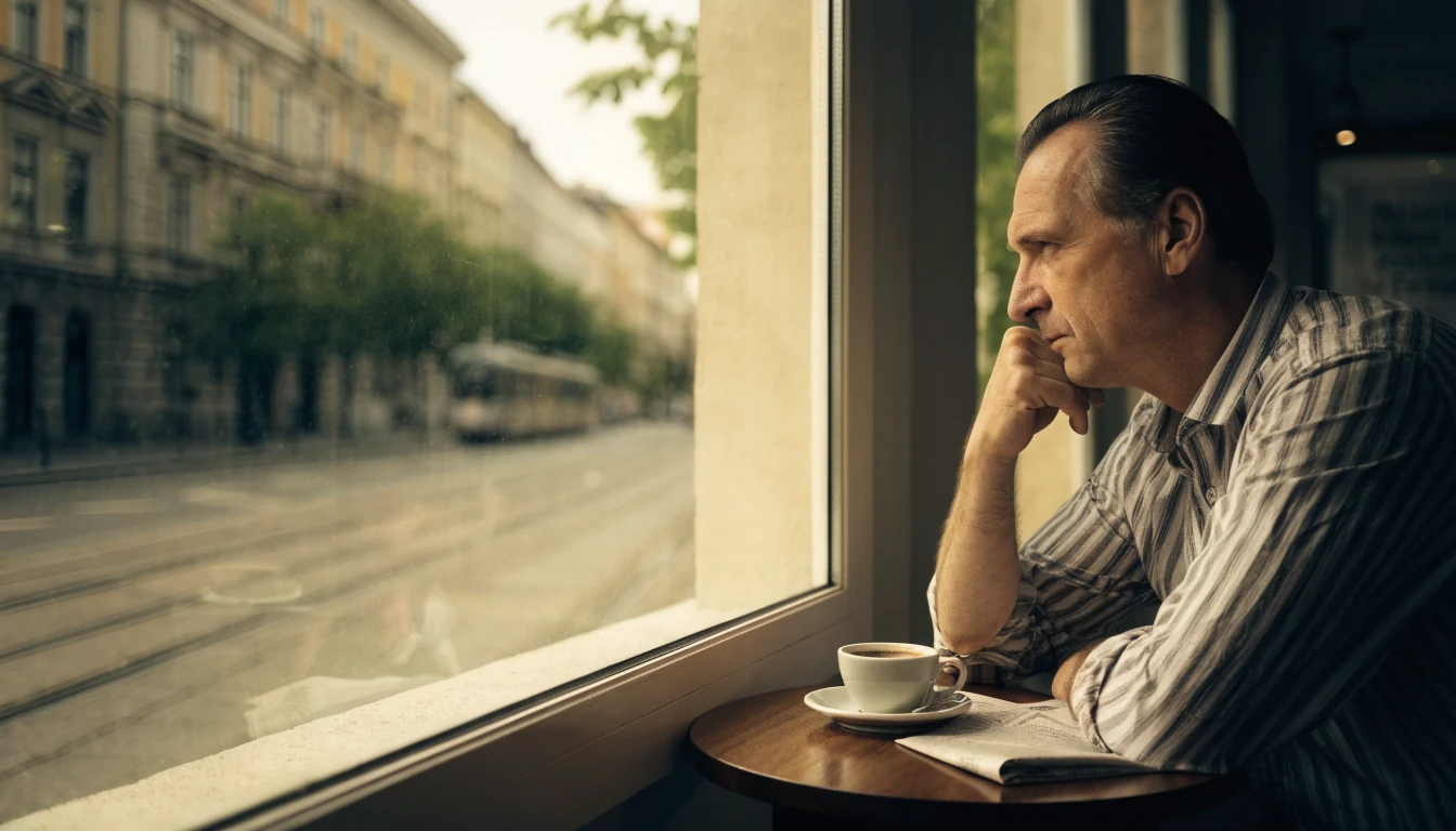 Elgondolkodó férfi egy kávézóban, a budapesti utcát nézi az ablakon át